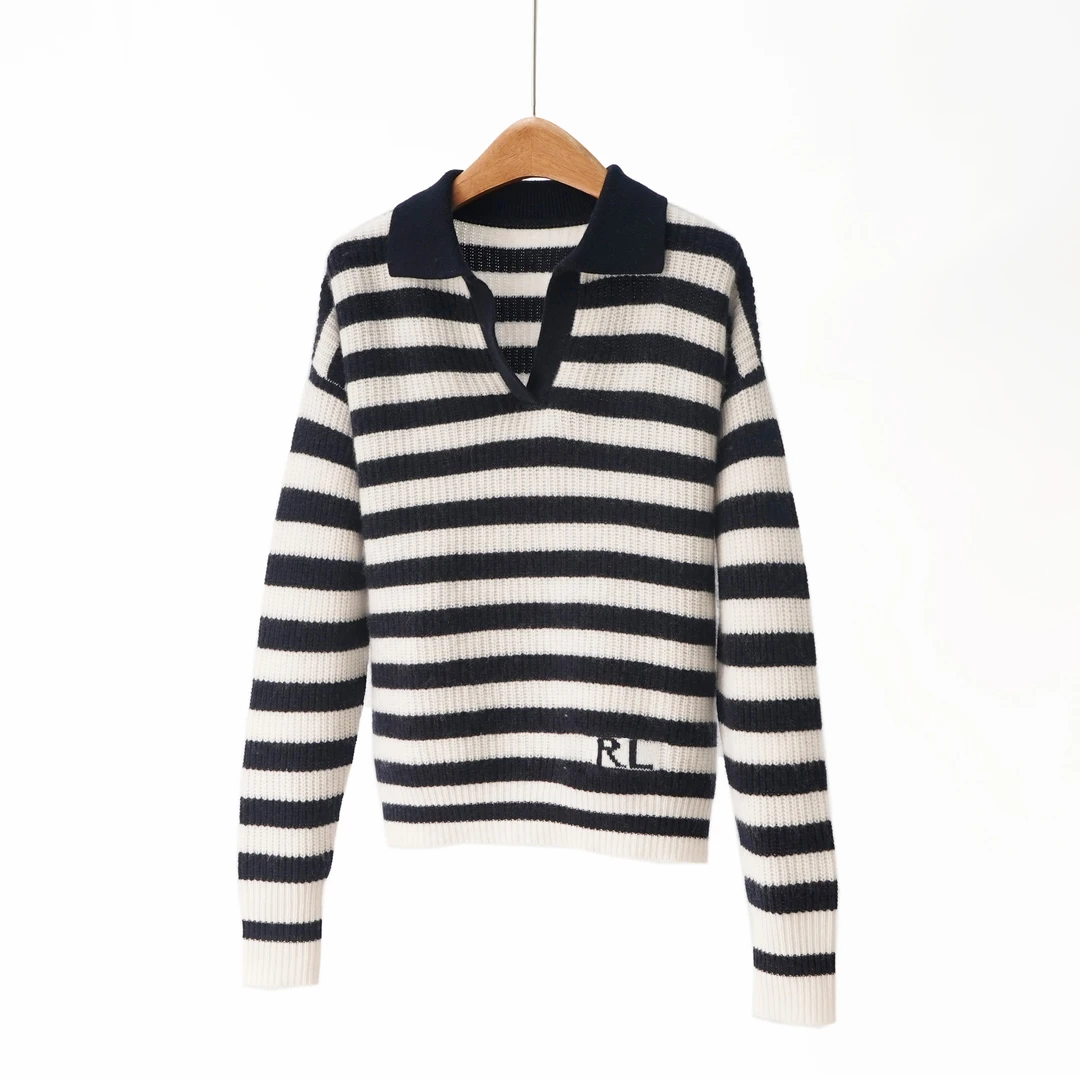 【YS12323】羊绒羊毛小马家25秋冬新品经典条纹翻领半开襟针织衫