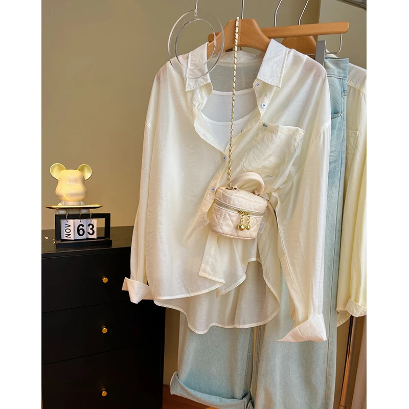 杏色冰丝薄款防晒衬衫外套女夏季2025新款韩版防晒衬衫女薄款
