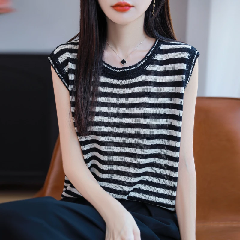 品牌2025新款夏季条纹针织圆领无袖背心女士时尚通勤百搭小衫上衣
