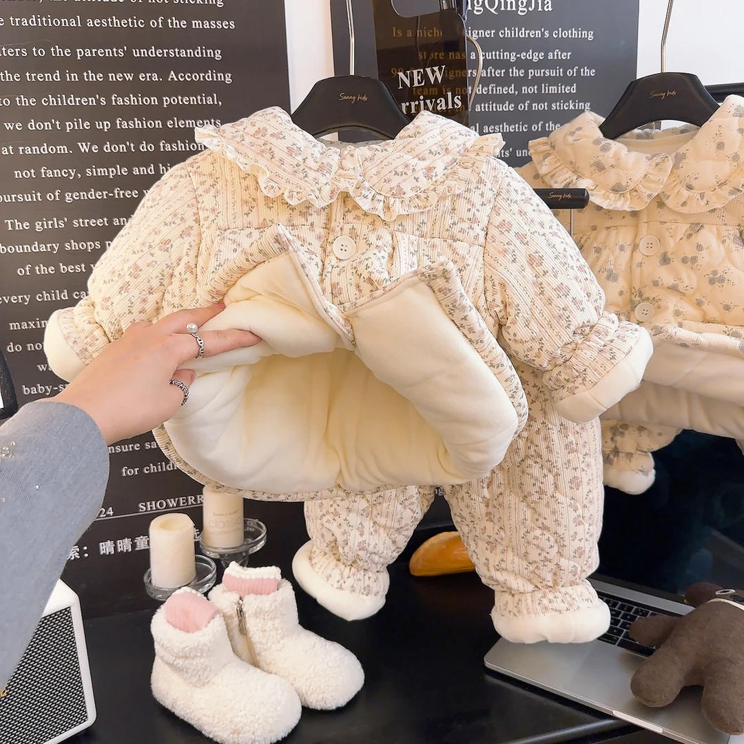 超厚款女宝宝甜美保暖家居服套装冬季卡通碎花睡衣棉衣棉裤两件套