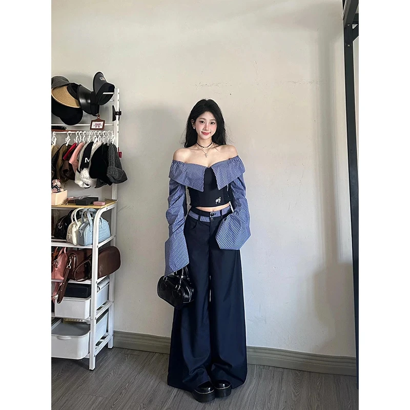 韩系学院春季条纹一字肩长袖衬衫高腰直筒拼接大喇叭宽松阔腿长裤