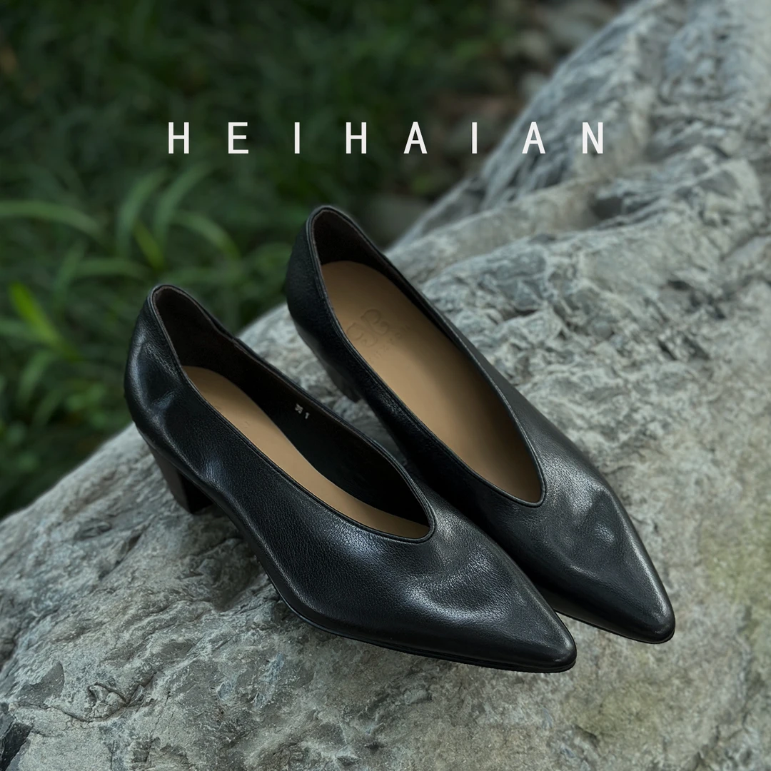 黑海岸中古风气质高跟鞋女一脚蹬尖头浅口奶奶鞋真皮5CM粗跟单鞋