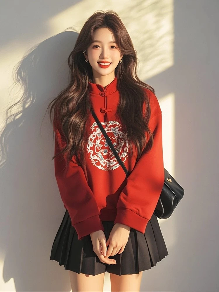 新中式女装国风本命年红色卫衣女款小个子显瘦正肩设计感印花上衣