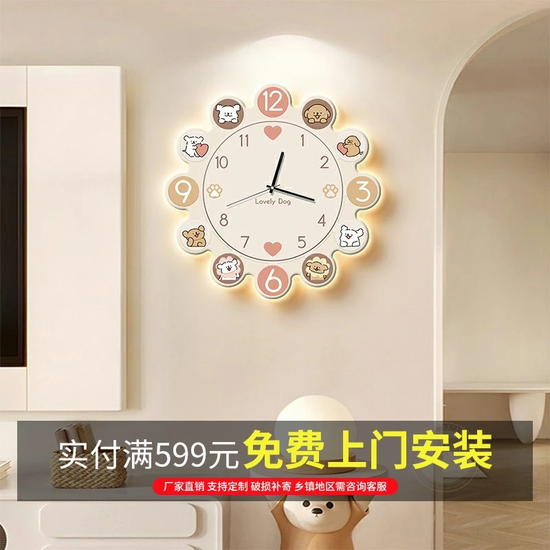 餐厅时钟挂画2025新款高级感奶油风卡通线条小狗钟表挂钟墙装饰画