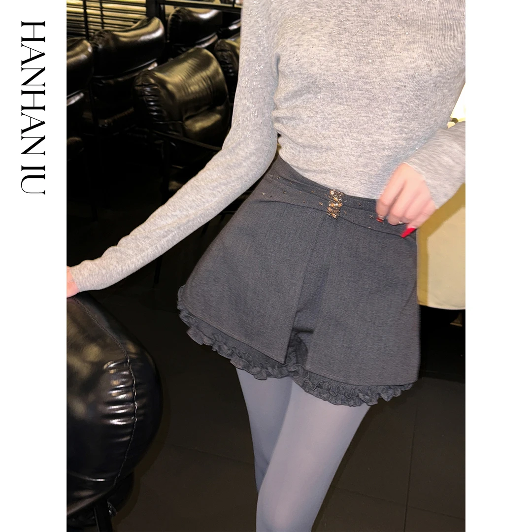 韩韩IU【黑胶旋律】时尚精致优雅百搭含羊毛修身显瘦假两件A字短裤