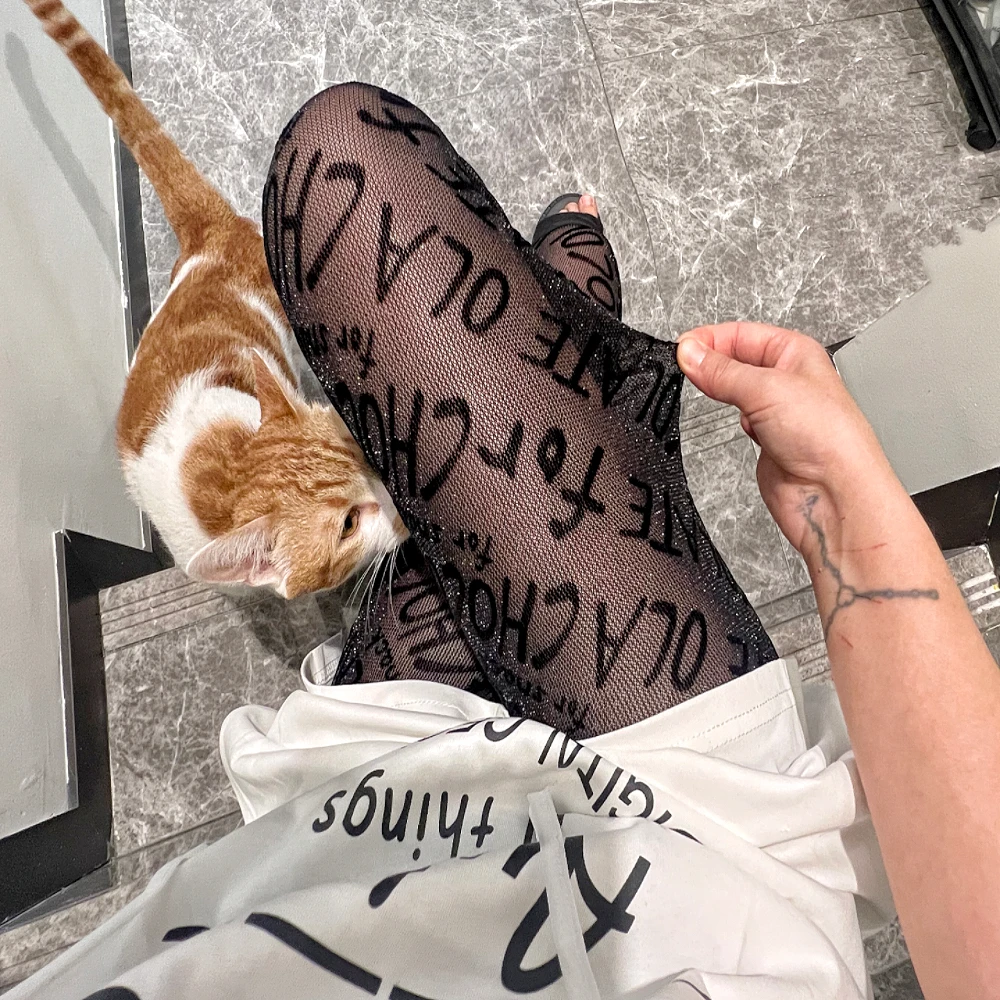 字母网纱弹力打底裤女外穿植绒印花黑色显瘦夏季透气时尚九分裤子