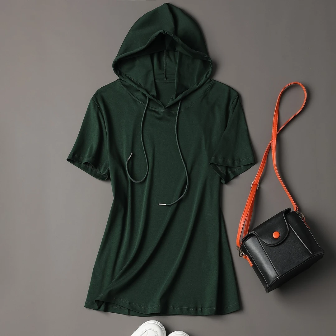 2025夏季新款墨绿色短袖连帽T恤女薄款打底衫修身显瘦百搭上衣ins
