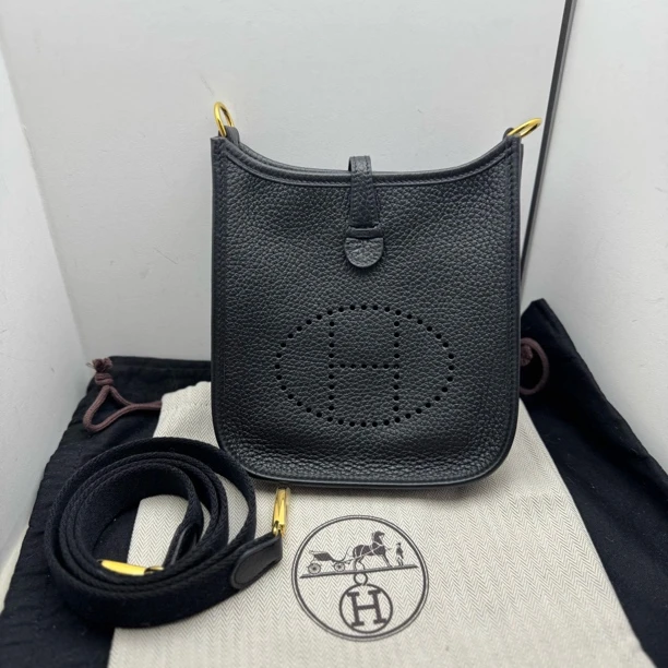 99新 Hermes/爱马仕 黑金伊芙琳mini