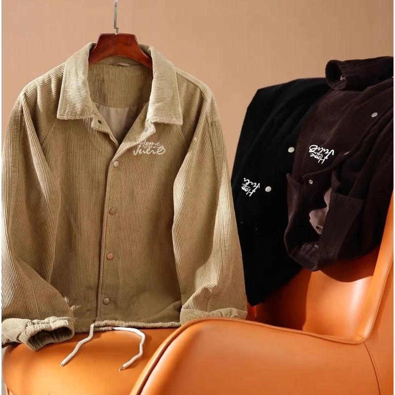 重磅灯芯绒夹克男士春秋加厚宽松美式复古阿美咔叽翻领外套