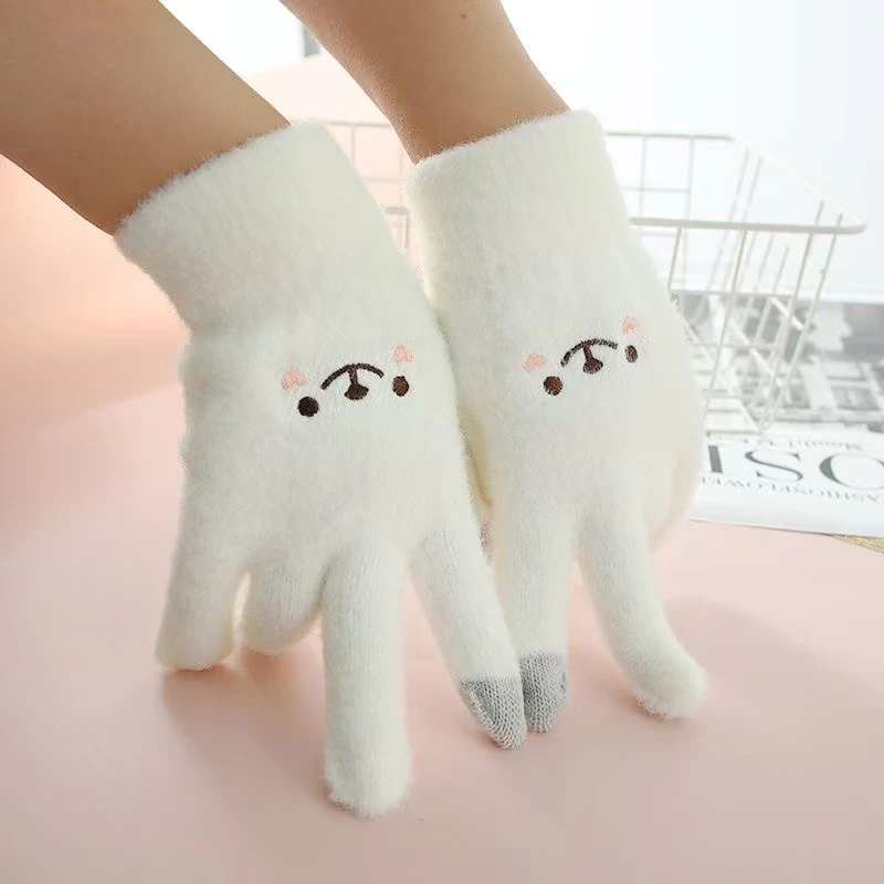 针织手套毛绒时尚可爱刺绣触屏手套保暖防寒学生写字骑车秋冬手套