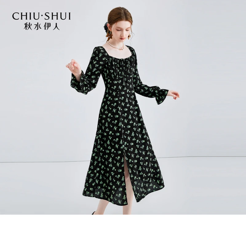 秋水伊人垂顺印花大方领A字收腰连衣裙2024年春季624102A020384