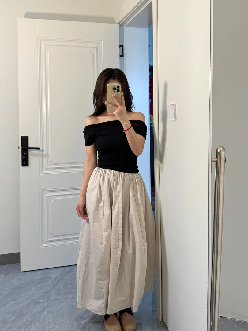 夏季新款法式赫本风拼接一字肩百搭显瘦气质连衣裙