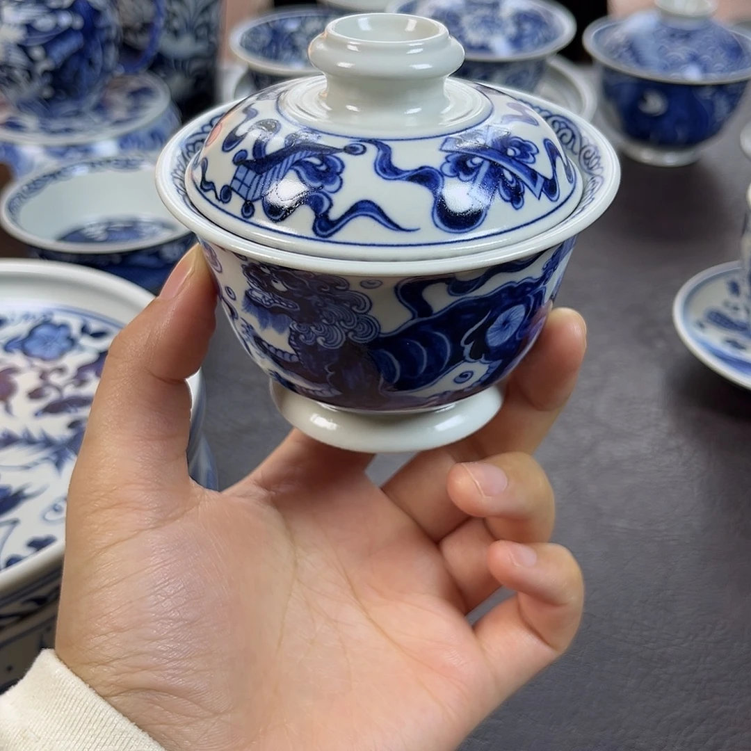 朝岚夕霞窑原矿釉烧制青花狮子盖碗