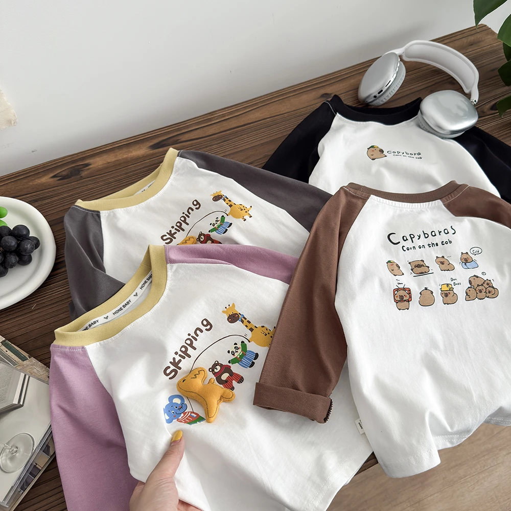 【高品质】儿童纯棉插肩T恤男童韩版套头打底衫女童拼色圆领内搭