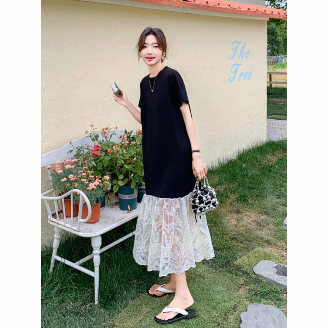 蕾丝拼接法式黑色连衣裙女夏季2025新款气质高级感宽松休闲T恤裙
