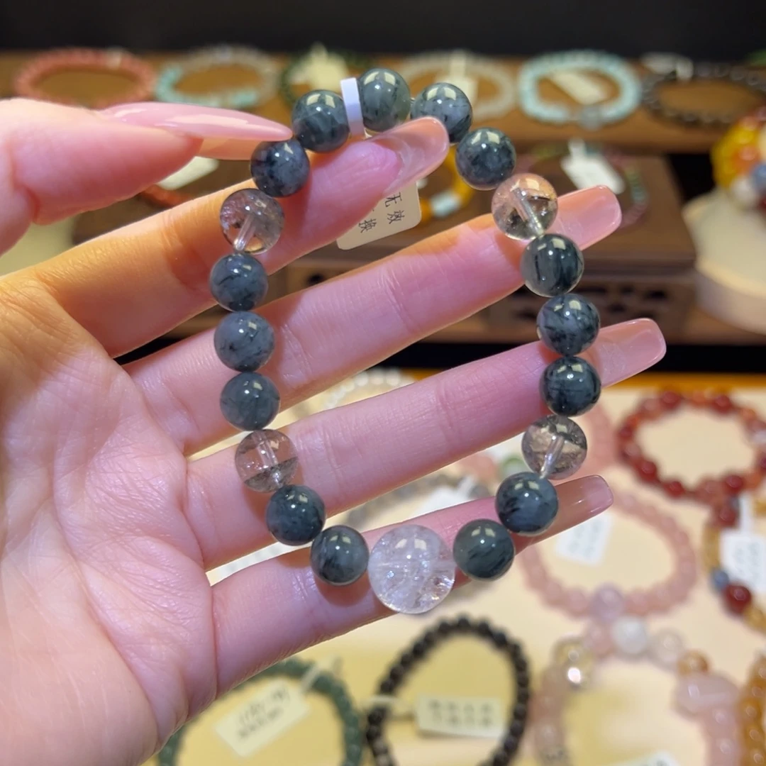 银S925镀金镶嵌手串水晶绿幽灵绿发2216