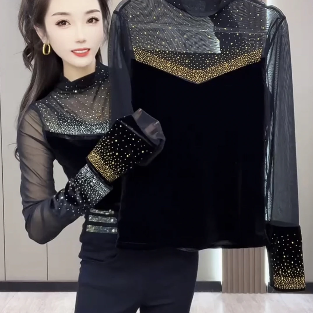 秋冬季新款时尚显瘦女士洋气重工烫钻长袖打底衫百搭款