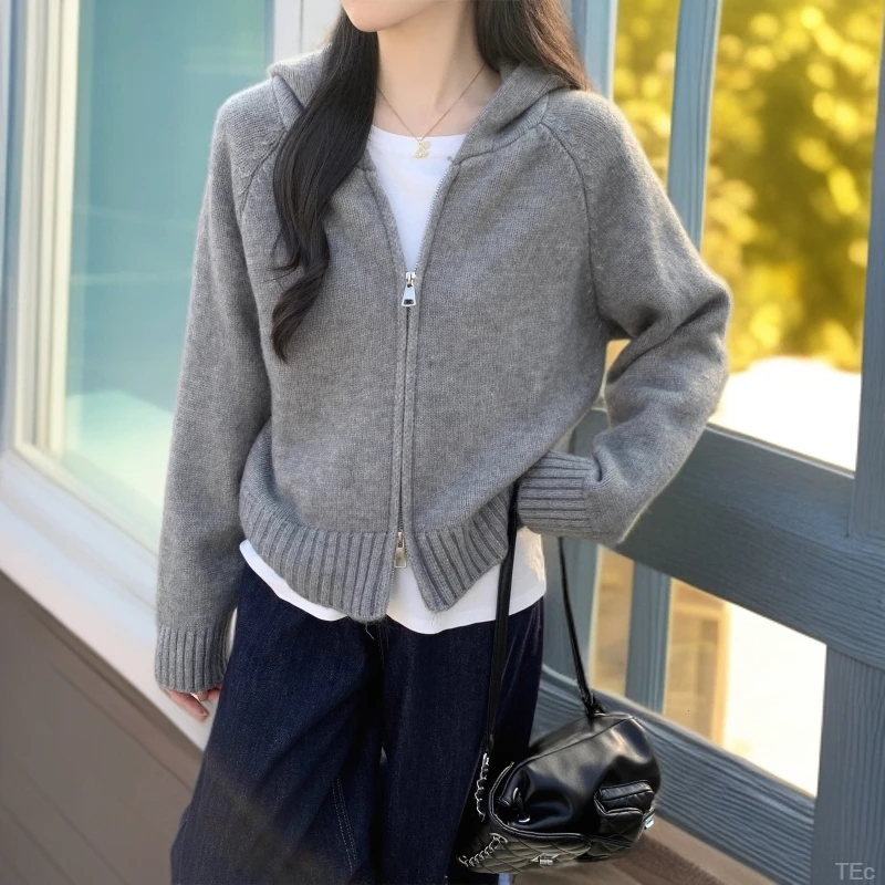 韩系简约风连帽拉链开衫加厚小众百搭针织女2025秋冬新款时尚上衣