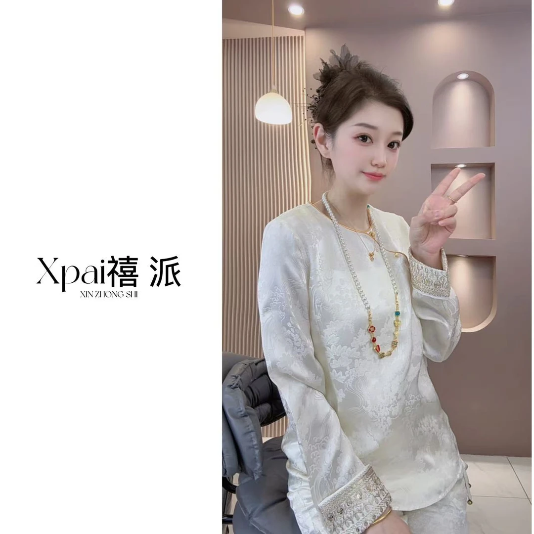 原创定制【玉壶冰心】香云沙盘扣斜襟刺绣袖口上衣