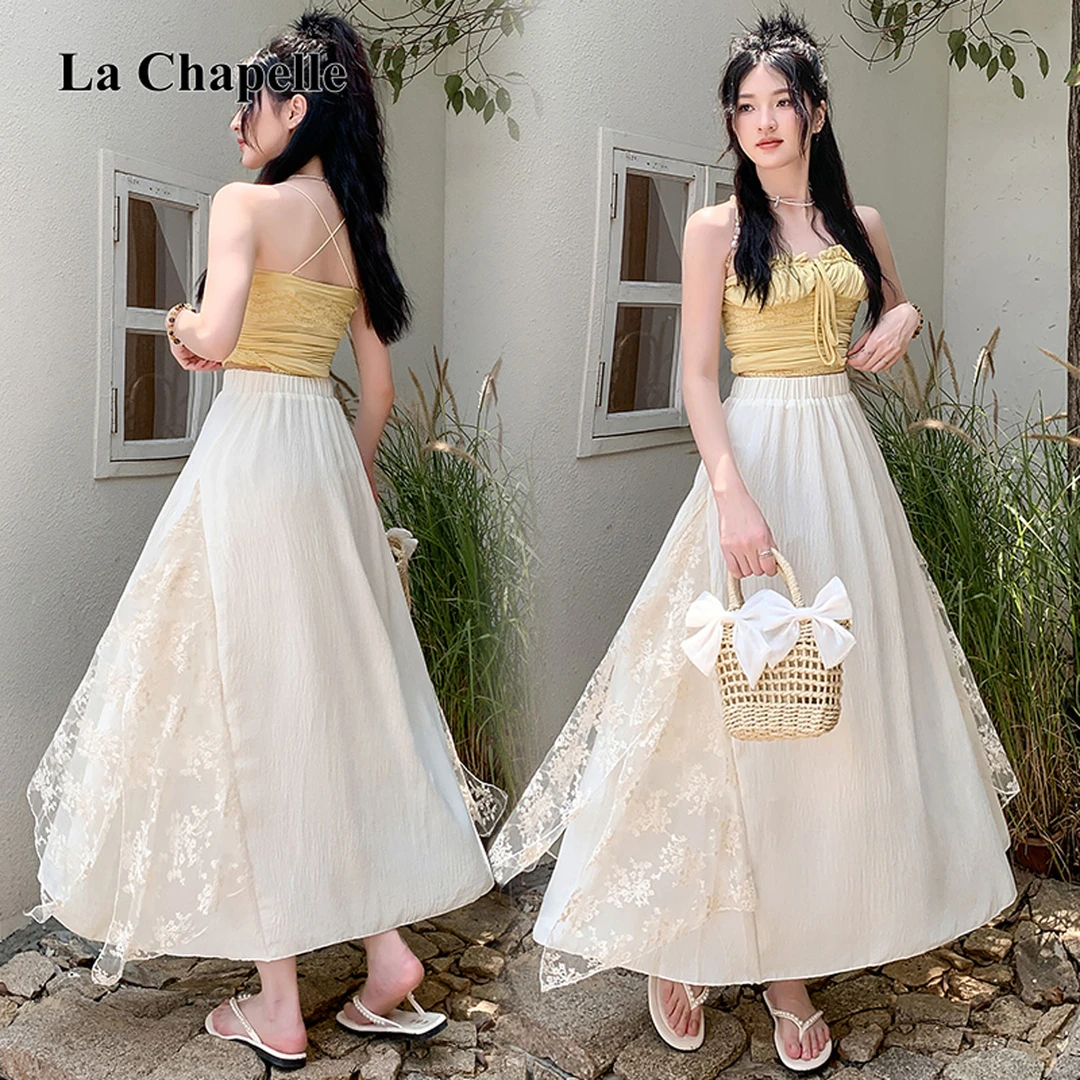 拉夏贝尔设计感韩系蕾丝花边拼接半身裙女夏季小个子显瘦花苞伞裙