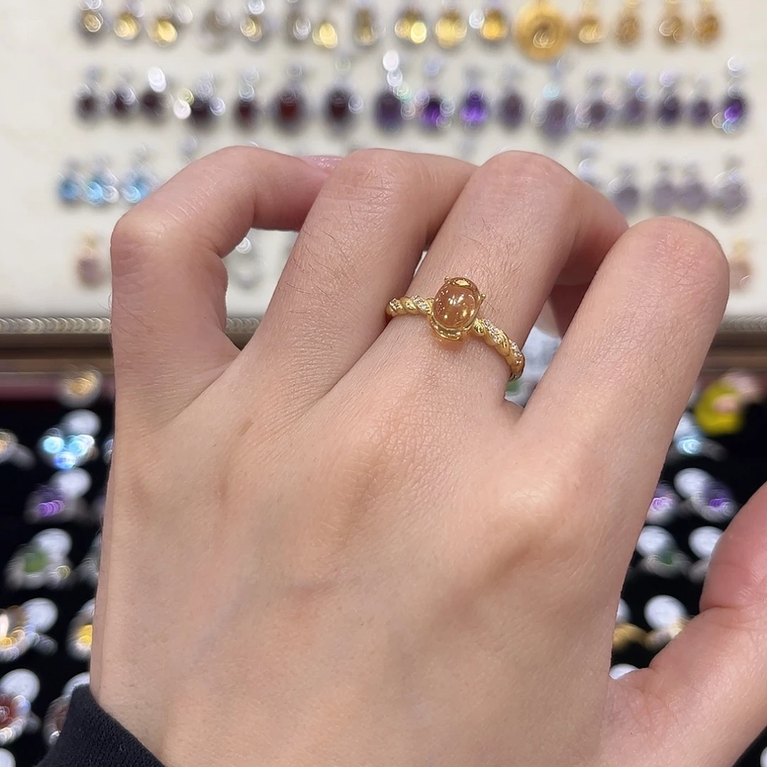 黄晶戒指银S925镶嵌金托不保色