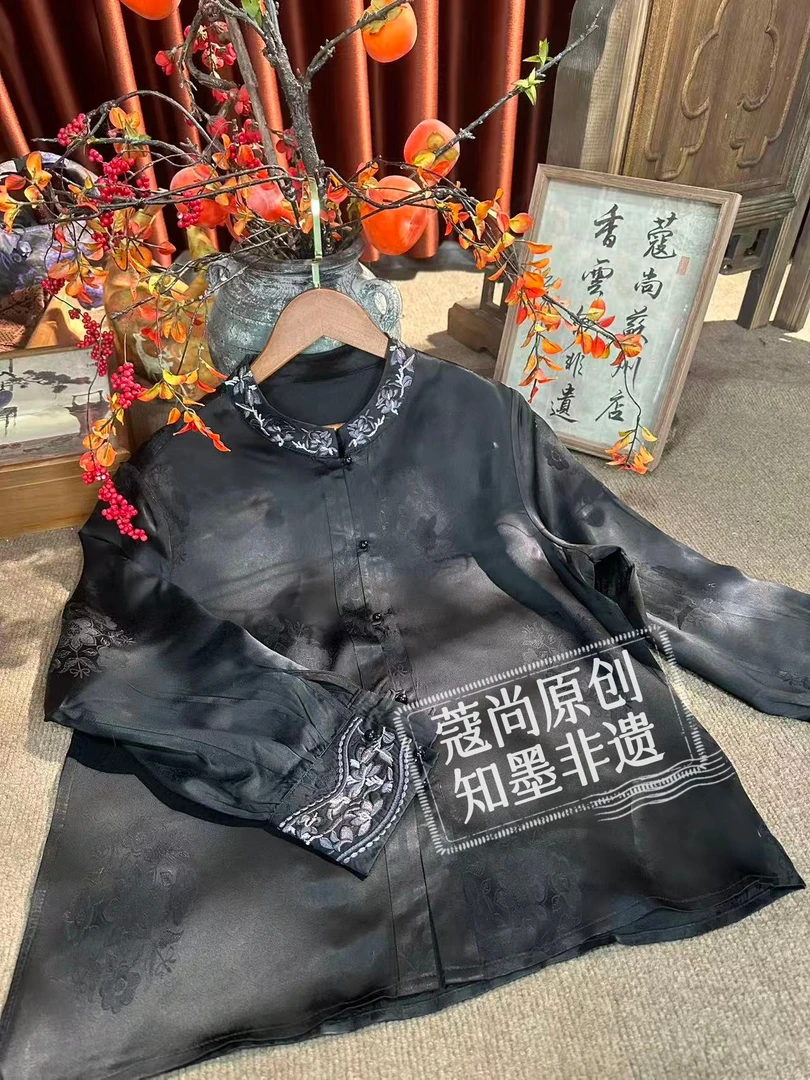 冬季新款新中式国风宽松显瘦优雅气质绣花立领衬衫上衣