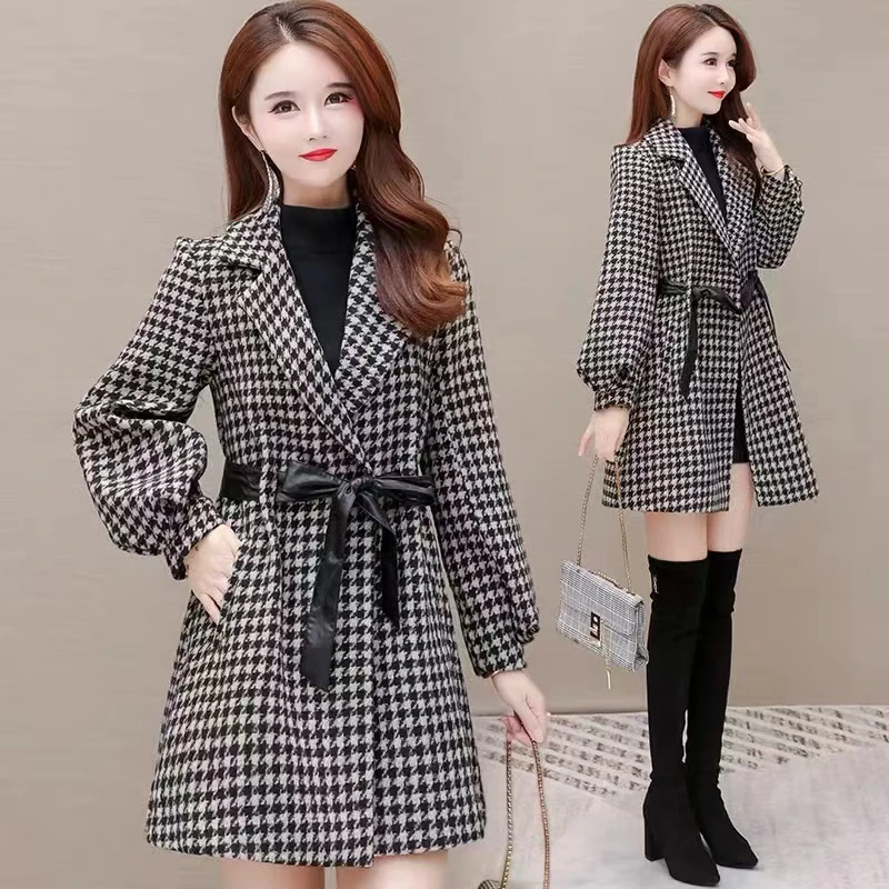 802#【衣长82】常规长袖中长款女系带格子短外套修身型西装领常规款