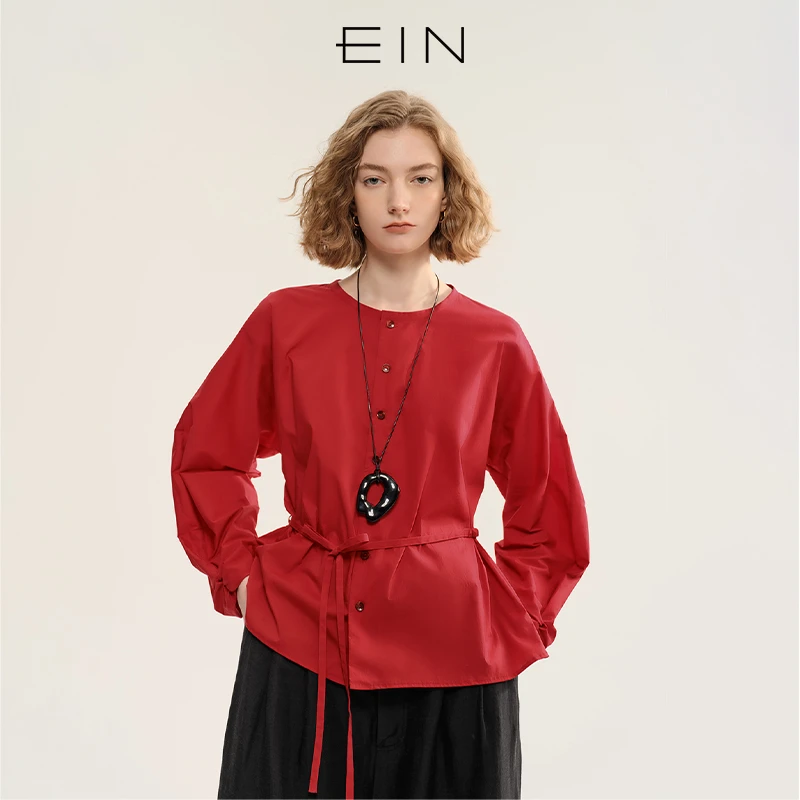 EIN/言复古红系带收腰抽褶灯笼袖圆领衬衫上衣2025夏季新款