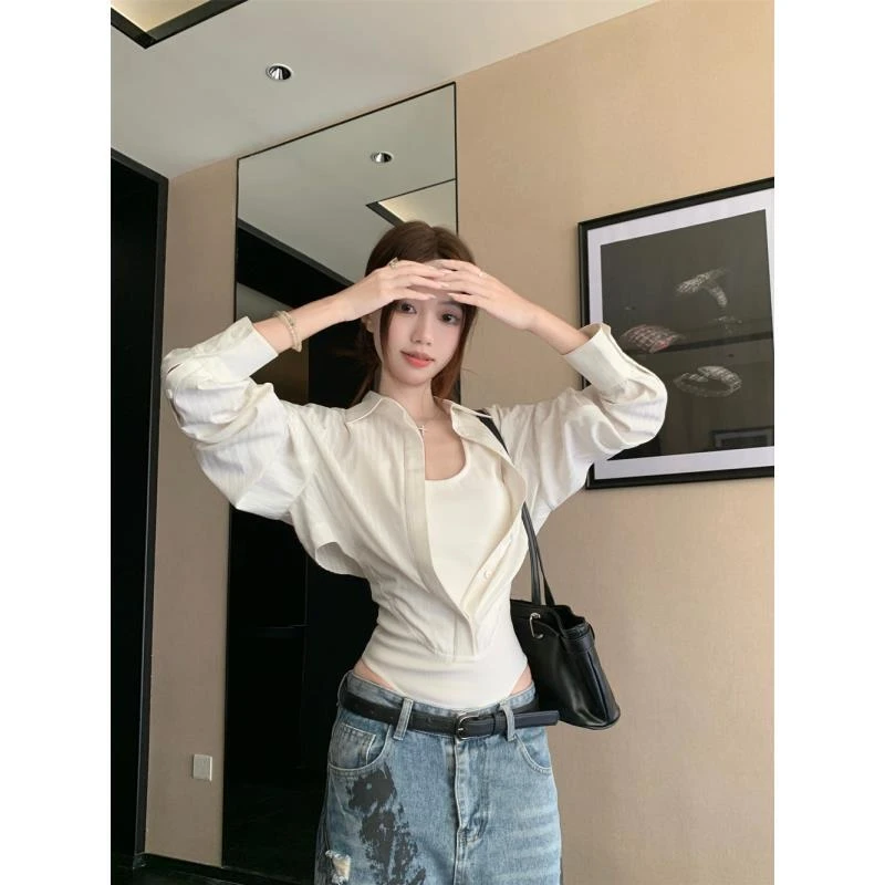 拼接假两件polo领长袖衬衫女早秋修身收腰衬衣白色上衣纯欲连体衣