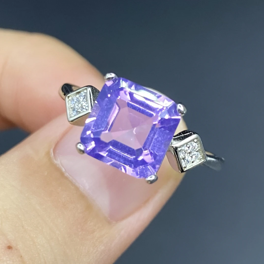 阿斯切工天然紫玉晶戒指s925银 主石8*8mm 经典简约大方百搭XS