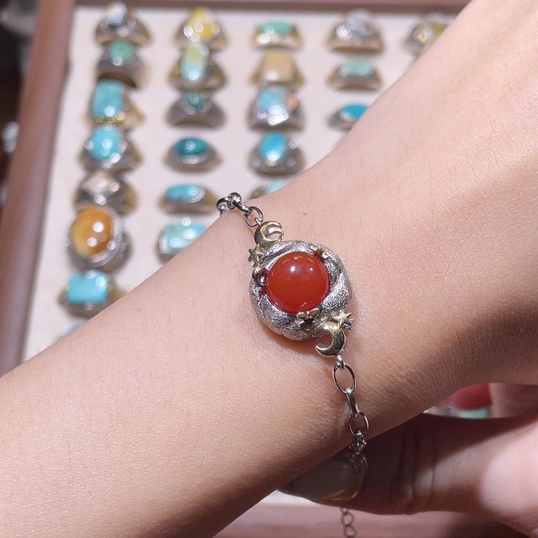 南红玛瑙银S925镶嵌手链