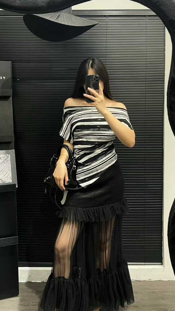 3355韩版高级感中长款透视网纱拼接半身裙女新款设计感a字裙