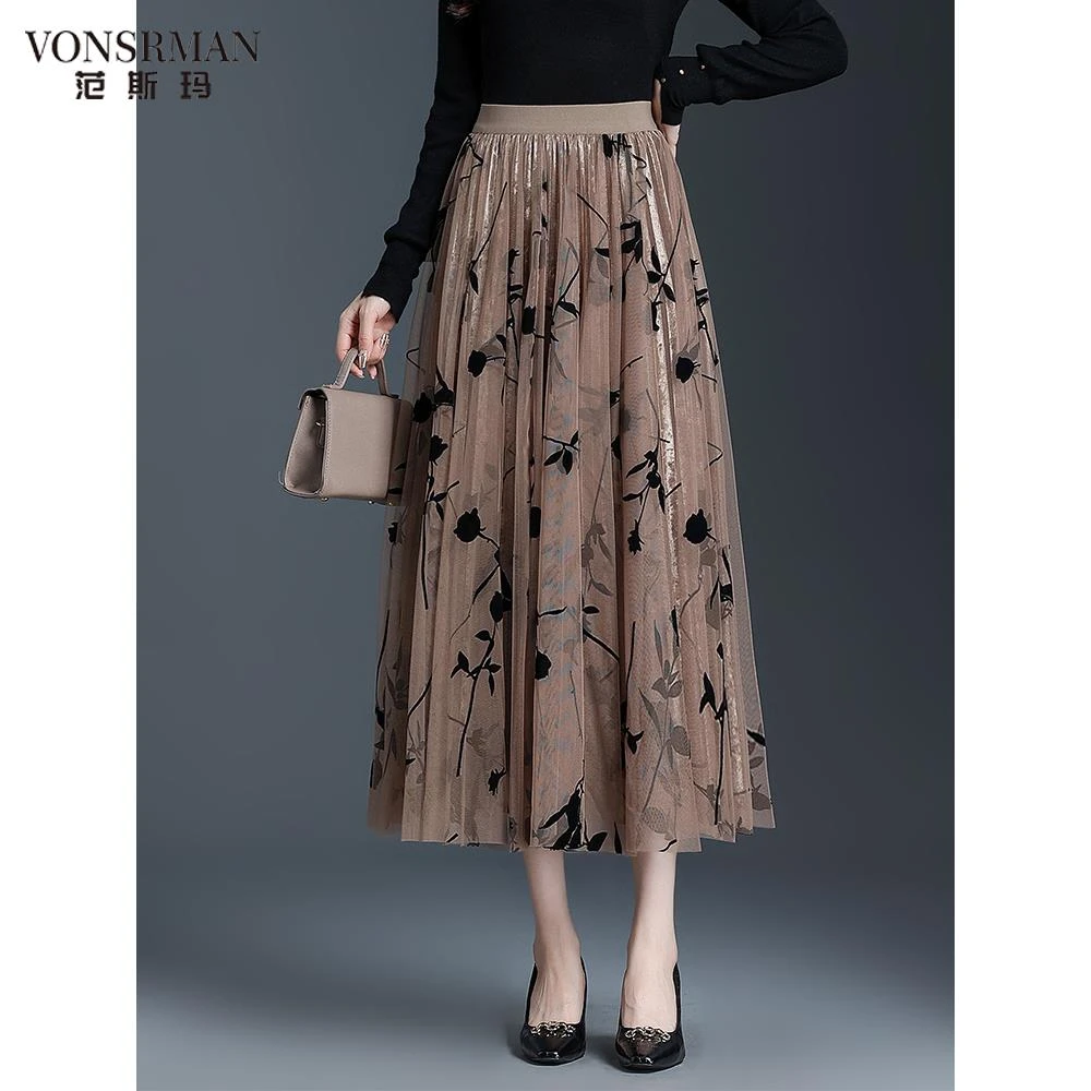 植绒百褶裙网纱半身裙女2025新款高腰金丝绒垂顺感半身长裙纱裙女