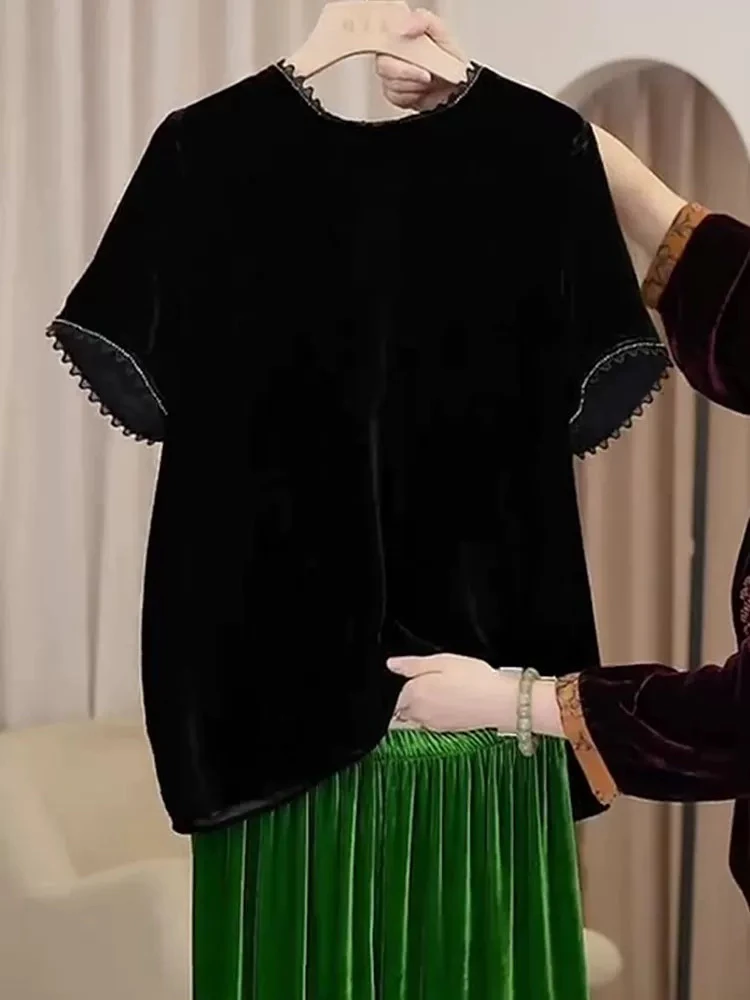 三姐家夏季珍珠蕾丝花边超薄丝绒上衣