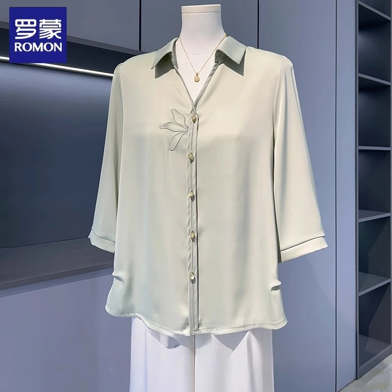 罗蒙妈妈夏装七分袖雪纺T恤小衫中老年女夏季洋气翻领衬衫上衣服