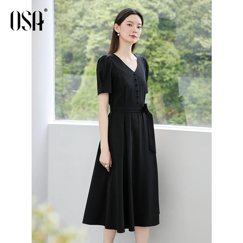 OSA欧莎V领黑色连衣裙女士短袖收腰显瘦泡泡袖长裙夏季S125B13003