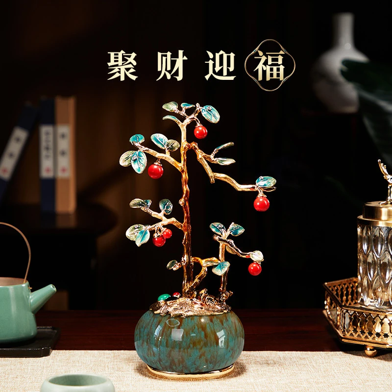 德国品质珐琅彩聚宝盆发财树摆件招财聚财客厅办公室装饰品乔迁新