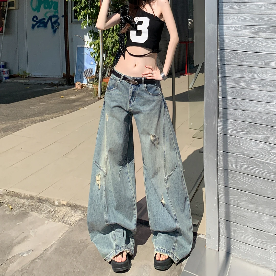 复古解构设计感弯刀牛仔裤女2025秋季新款高街水洗宽松垂感拖地裤