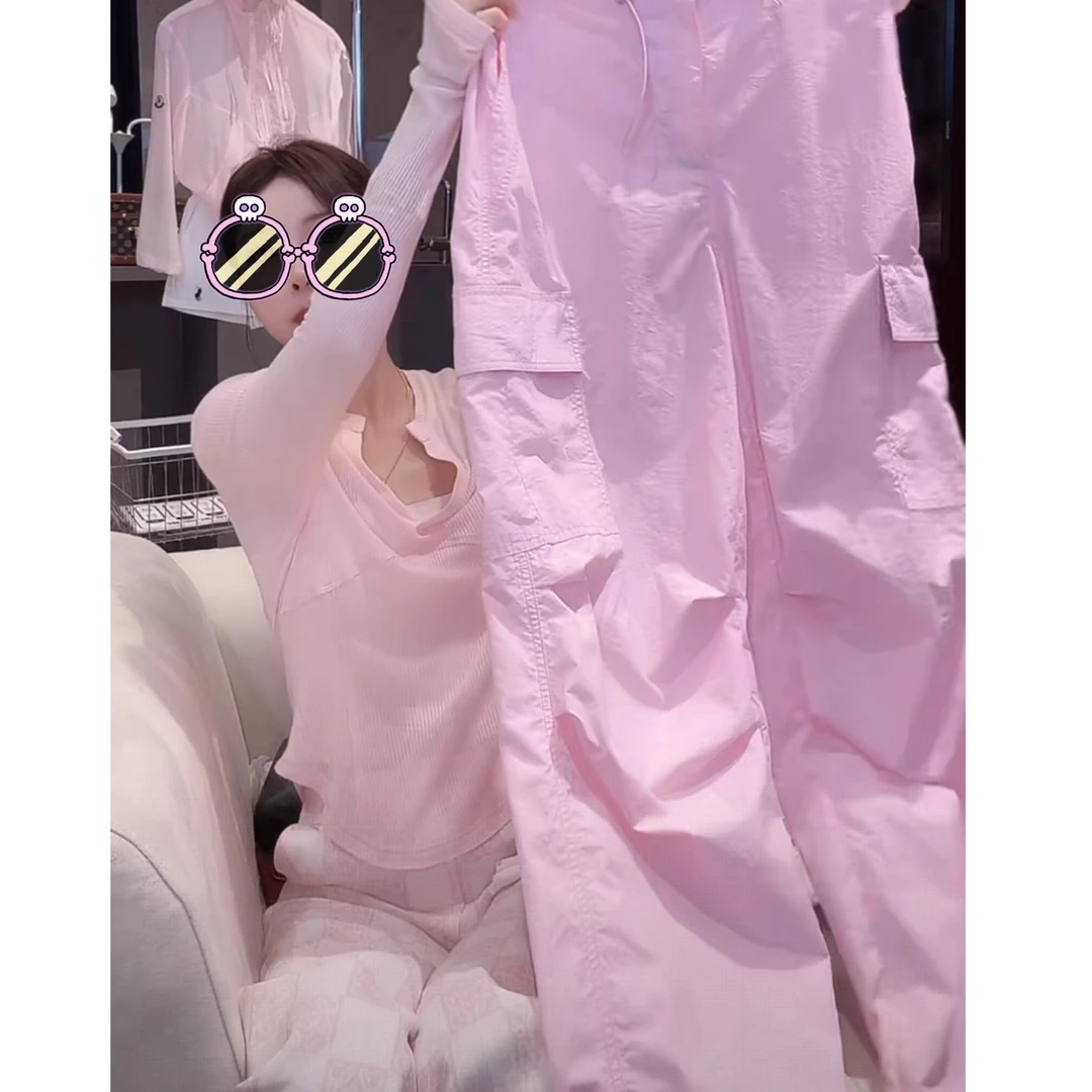 美式粉色褶皱工装裤多口袋抽绳休闲长裤洋气薄款城市轻运动风