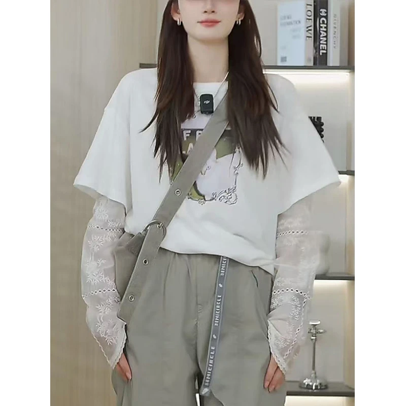 小猫蕾丝拼接白色长袖t恤女2025夏季新款薄款防晒宽松休闲上衣潮