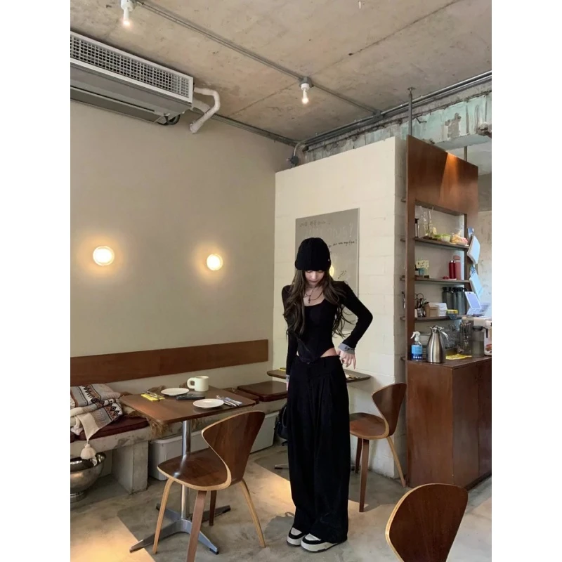 纯欲甜辣气质U领收腰显瘦长袖上衣秋冬高腰时尚直筒阔腿长裤套装