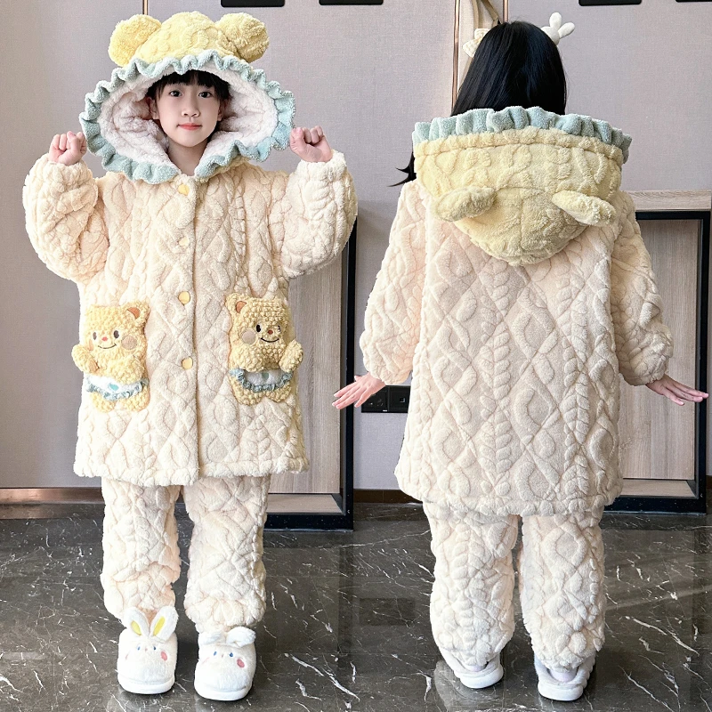 2025女童法兰绒睡衣冬季新款三层夹棉加绒加厚儿童公主洋气家居服