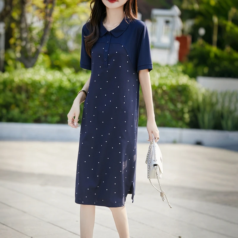 夏款简约娃娃领波点气质连衣裙长裙裙子女宽松百搭显瘦时尚休闲裙
