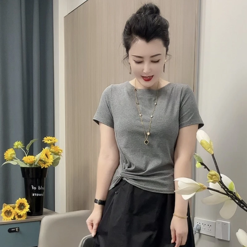5285夏季新款时尚百搭显瘦纯色女士短袖T针织高腰短款休闲修身恤