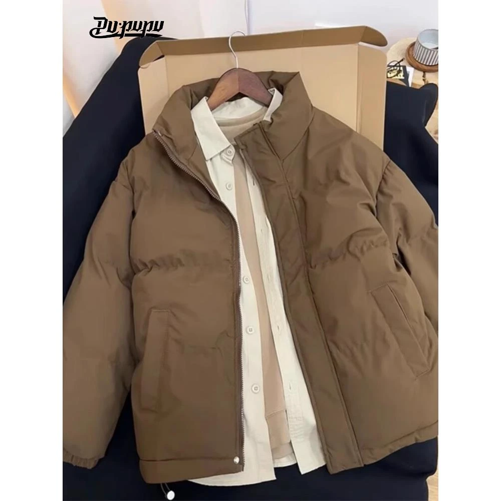 美拉德穿搭咖啡棕色棉服外套男冬加厚立领保暖晋江棉衣面包服