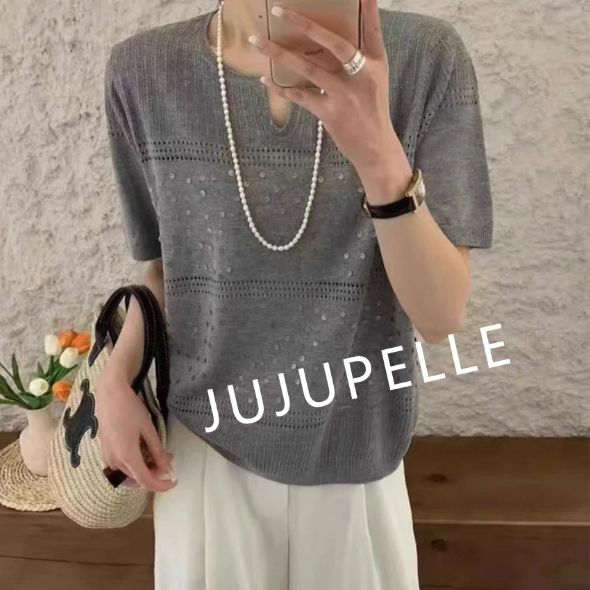 莱赛尔+亚麻~v领镂空纯色针织衫亮片2025夏季打底衫女中袖上衣薄