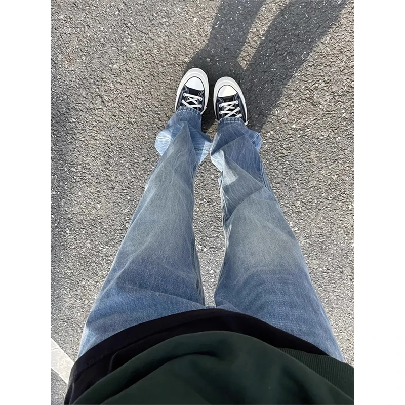 浅蓝色cleanfit闪电纹牛仔裤男款美式高街vibe裤子高腰直筒微喇裤