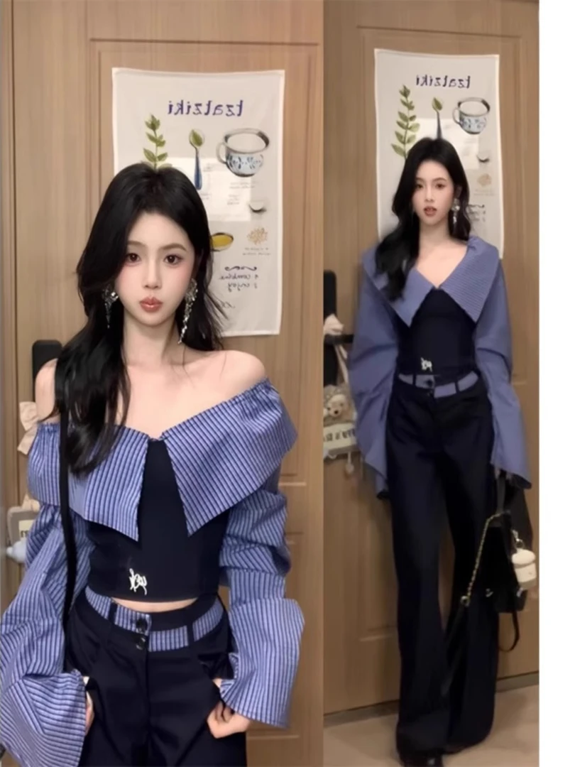 大码胖MM韩系复古撞色大翻领长袖衬衫女早春季设计感修身显瘦上衣