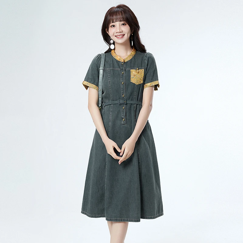 拼接立领中长裙棉质牛仔裙子连衣裙女52FI0A0003
