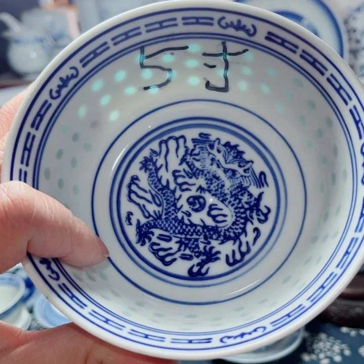 青花玲珑5寸饭碗龙纹